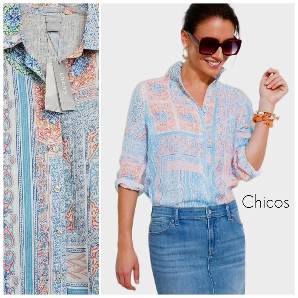 Chicos Coastal Tile Nwt No Iron Linen White/Blue/Green/Peach 3/4 Sleeve …